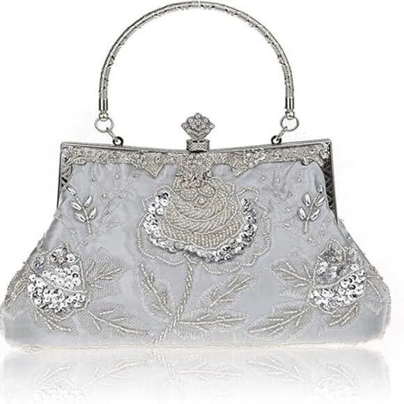 ELEOPTION Beaded Sequin Design Metal Frame Kissing Lock Satin Interior Party Bag - Picture 3 of 9